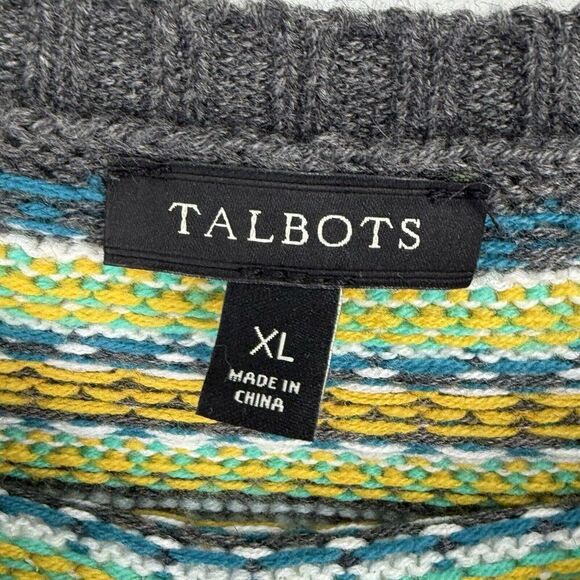 Talbots Womens Sweater Lambswool Blend Fair Isle Gray Blue Plaid Pullover XL - Picture 3 of 4
